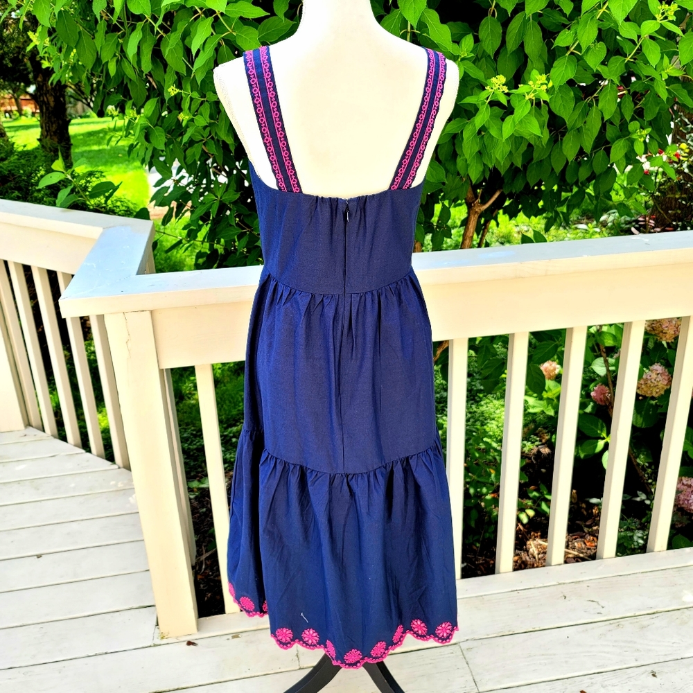 New! J Crew size 4 Embroidered Scalloped Tiered Dress Navy Blue NWT - Picture 3 of 15